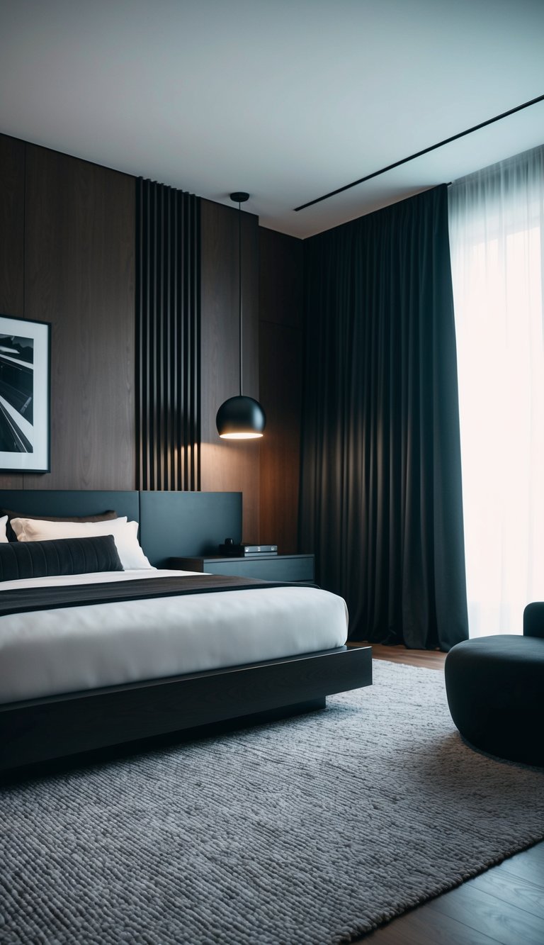 A sleek, modern bedroom with dark wood furniture and matte black accents