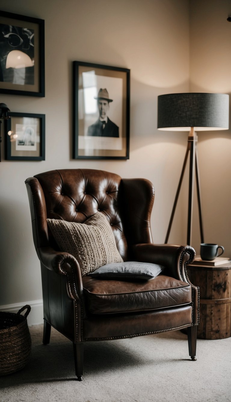 A vintage leather armchair sits in a cozy bedroom, surrounded by 25 masculine decor ideas