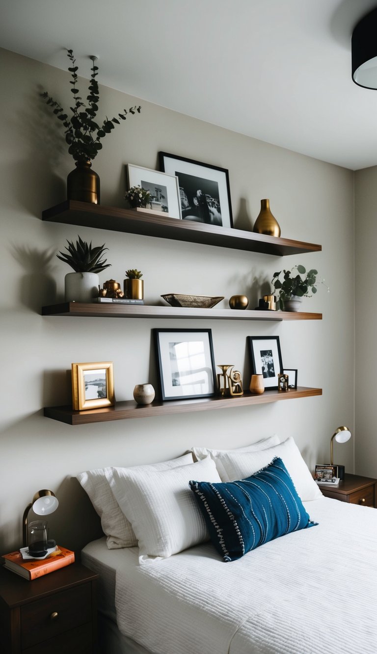 A bedroom with wall-mounted floating shelves displaying various items and decor