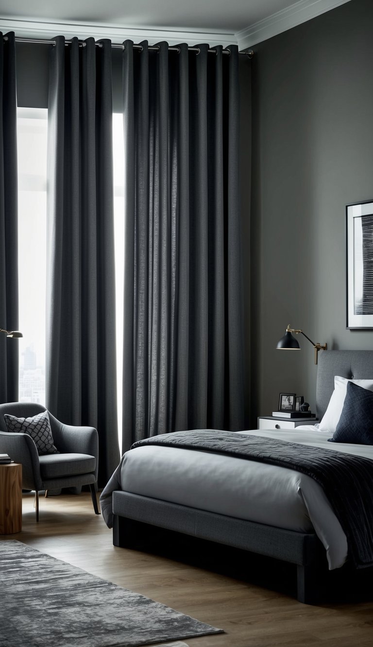 Charcoal gray blackout curtains frame a spacious men's bedroom with modern decor