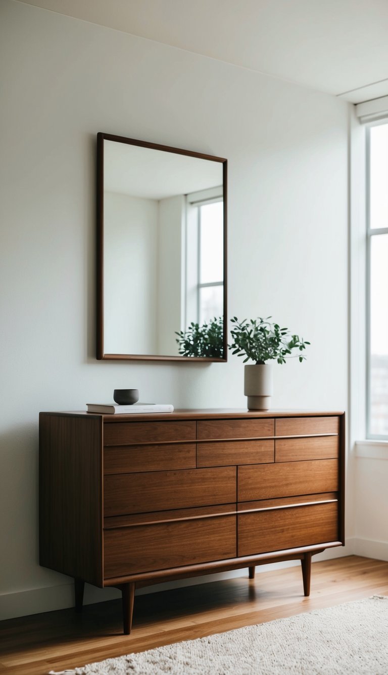 A mid-century modern dresser in a minimalist men's bedroom with clean lines and warm wood tones