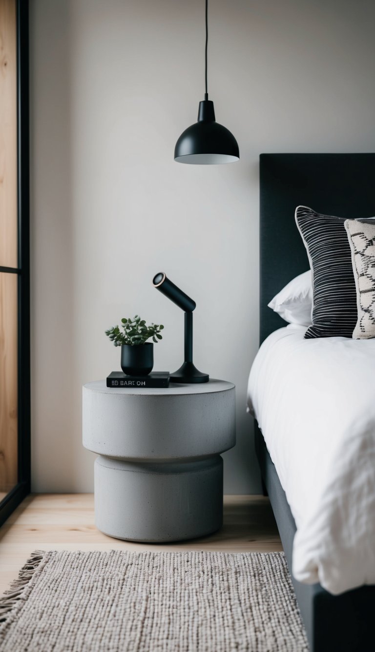 A concrete bedside table in a modern men's bedroom with minimalist decor