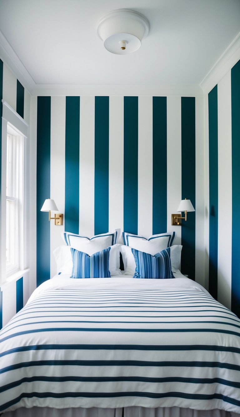 A cozy bedroom with nautical stripes on the walls, featuring a serene color palette of white and blue
