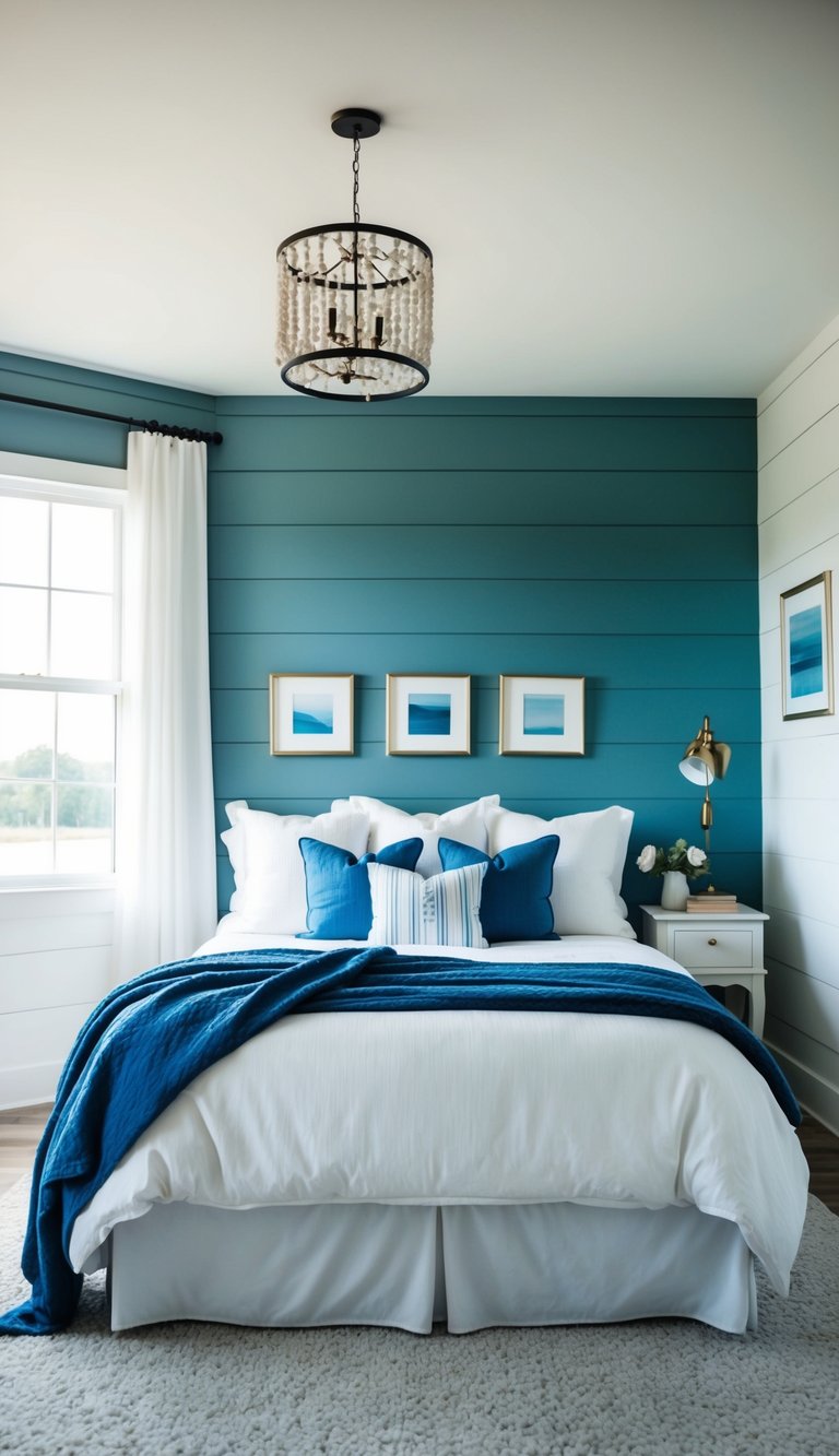 A serene bedroom with white shiplap walls and blue accents