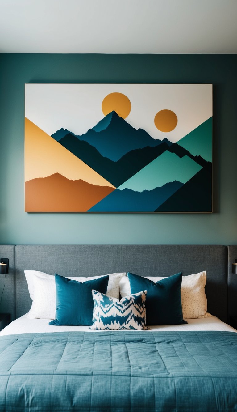 An abstract mountain landscape with bold colors and geometric shapes adorns the bedroom wall, creating a serene and masculine atmosphere