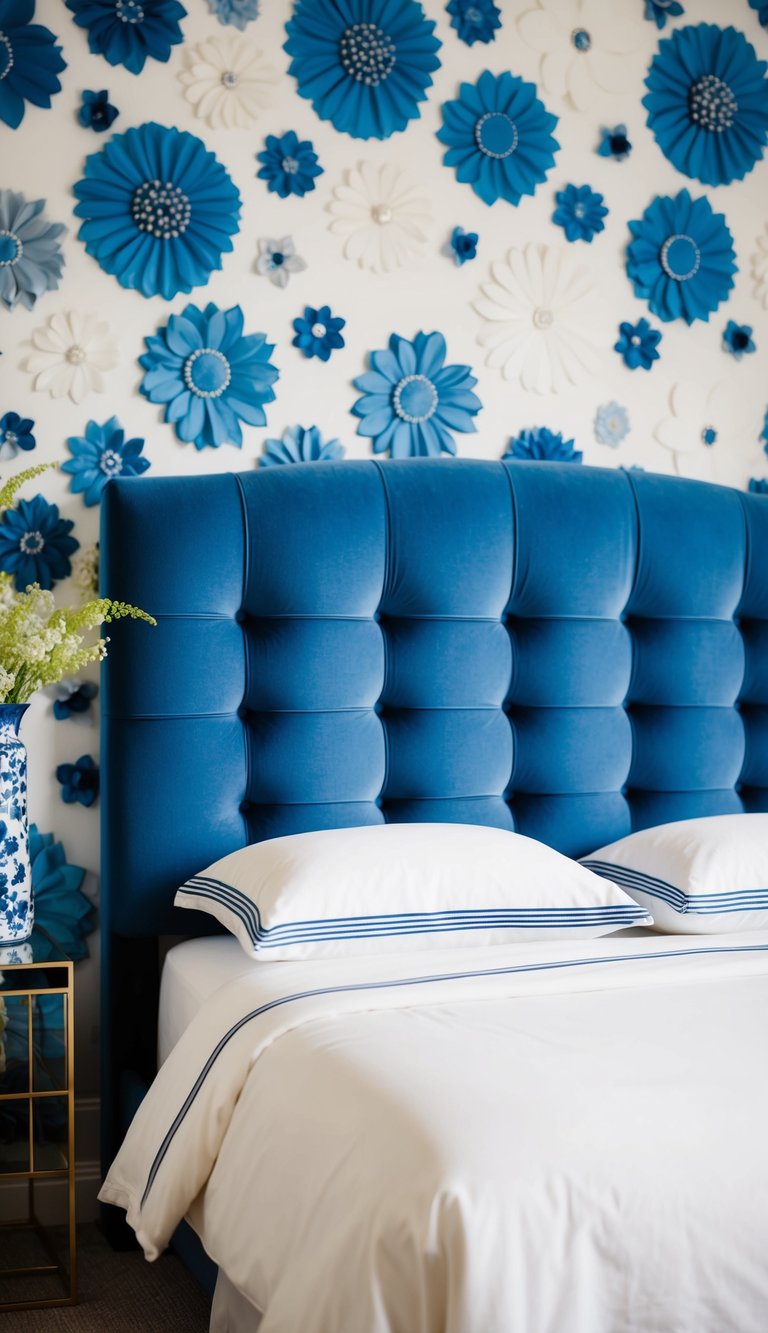 A blue velvet headboard stands against a backdrop of 24 white and blue bedroom ideas