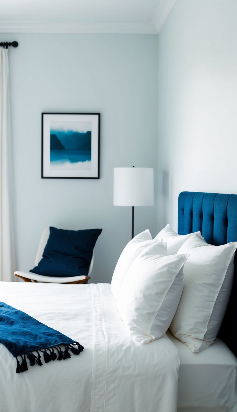A neatly made bed with white linen and a navy throw in a serene, white and blue bedroom