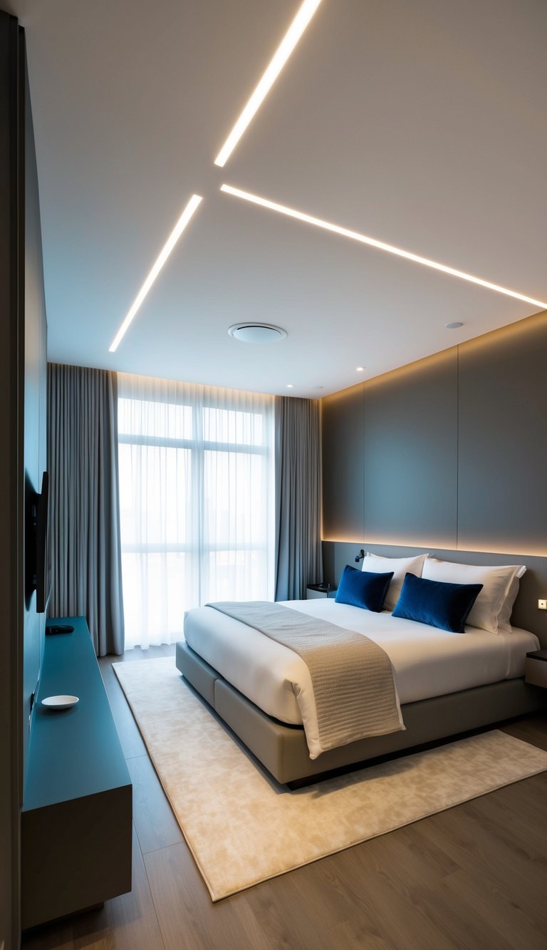 A modern bedroom with smart LED lighting, voice control, and sleek, minimalist design