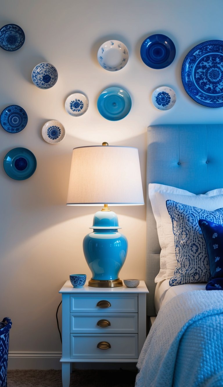 A cozy bedroom with light blue ceramic lamps casting a soft glow, surrounded by 24 white and blue decor ideas