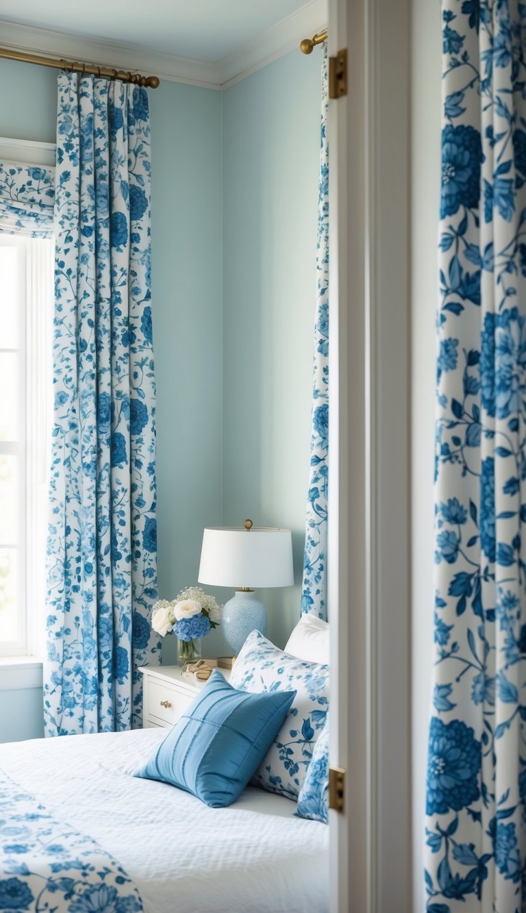 White and blue floral curtains frame a serene bedroom with matching decor