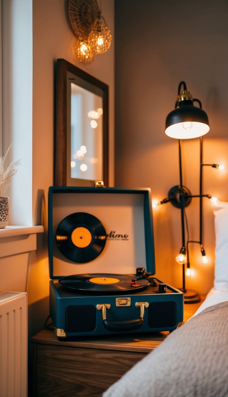 A cozy bedroom corner with a vintage record player, surrounded by warm lighting and retro decor