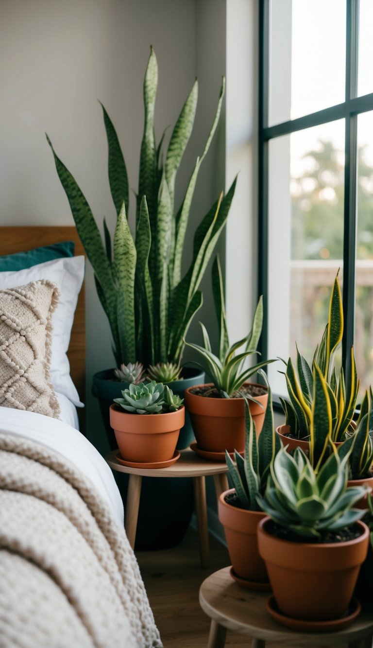 A bedroom filled with potted snake plants and succulents, creating a serene and natural atmosphere