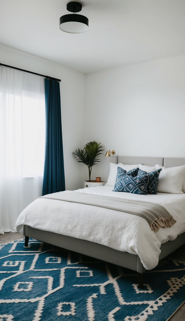 A white-walled bedroom with a blue geometric rug