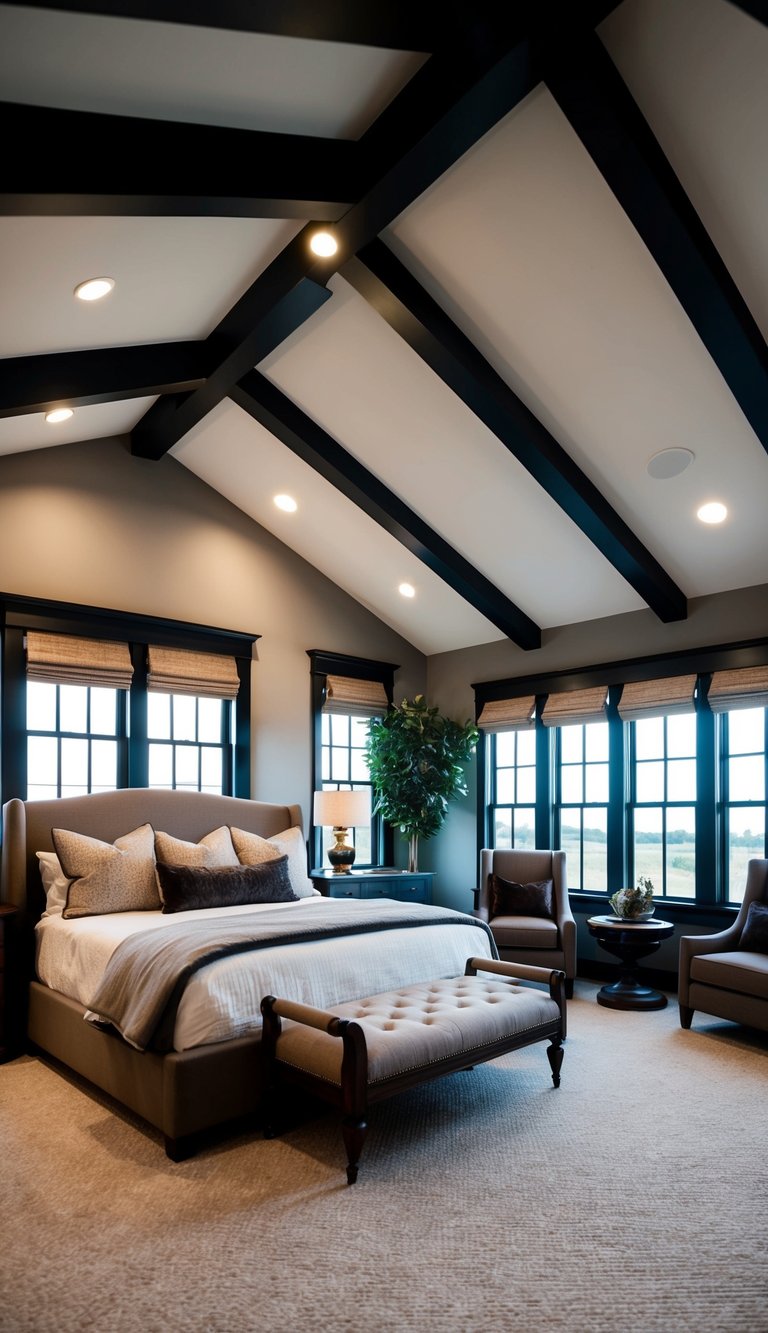 Dark painted exposed ceiling beams in a spacious bedroom with masculine decor