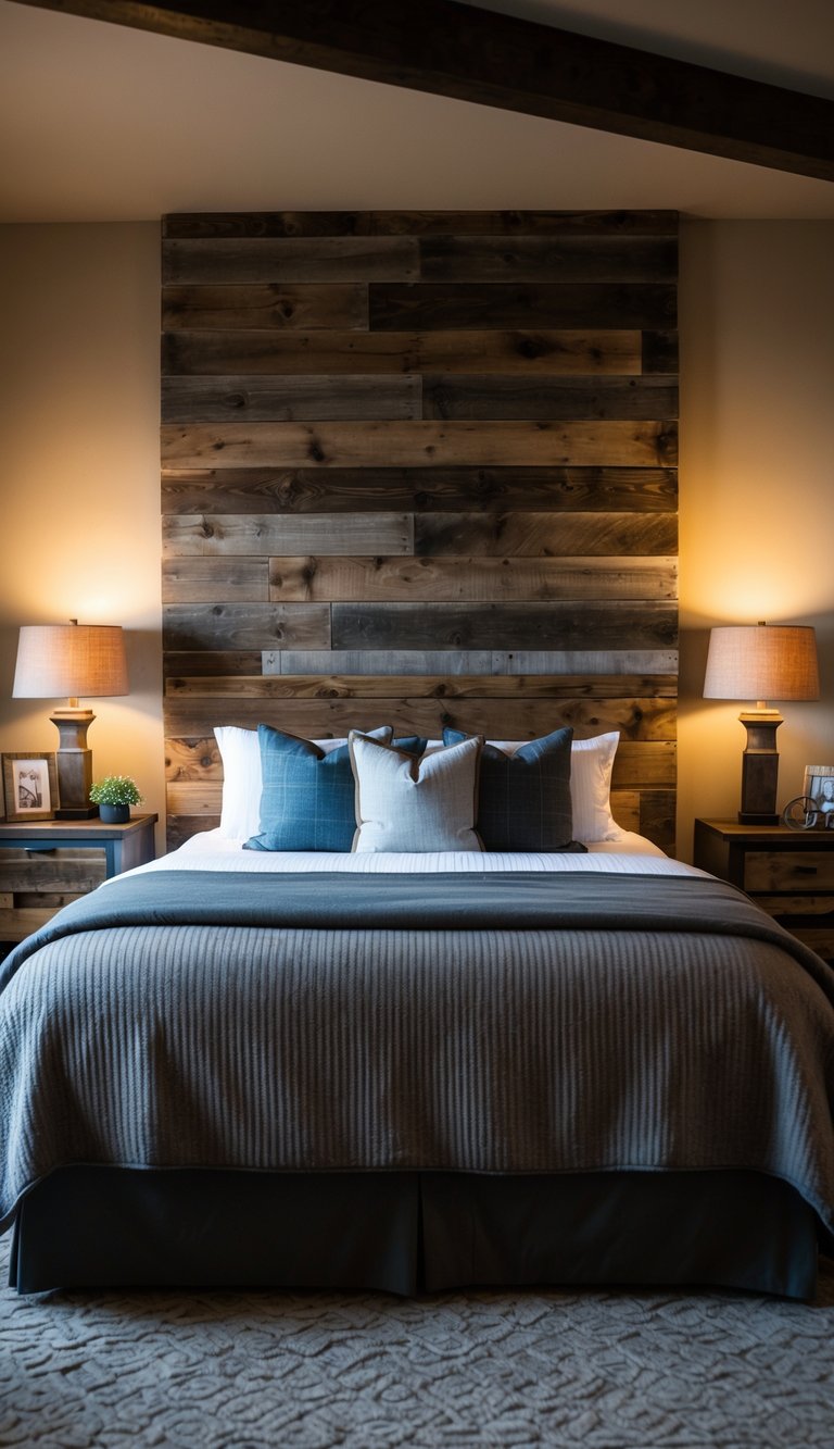 A cozy bedroom with a rustic reclaimed wood headboard, warm lighting, and masculine decor