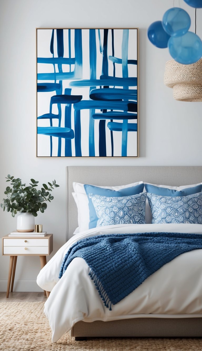A serene bedroom with blue and white abstract art, featuring 24 unique white and blue decor ideas