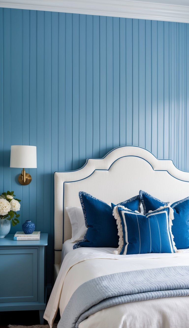 Blue beadboard wainscoting with white and blue decor, soft lighting, and cozy bedding in a bedroom