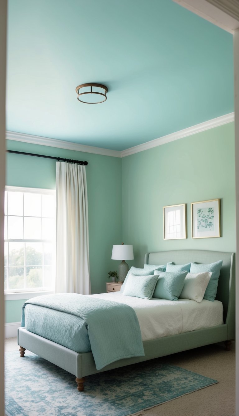 A serene bedroom with a light blue ceiling and sage green walls, creating a calming and peaceful atmosphere