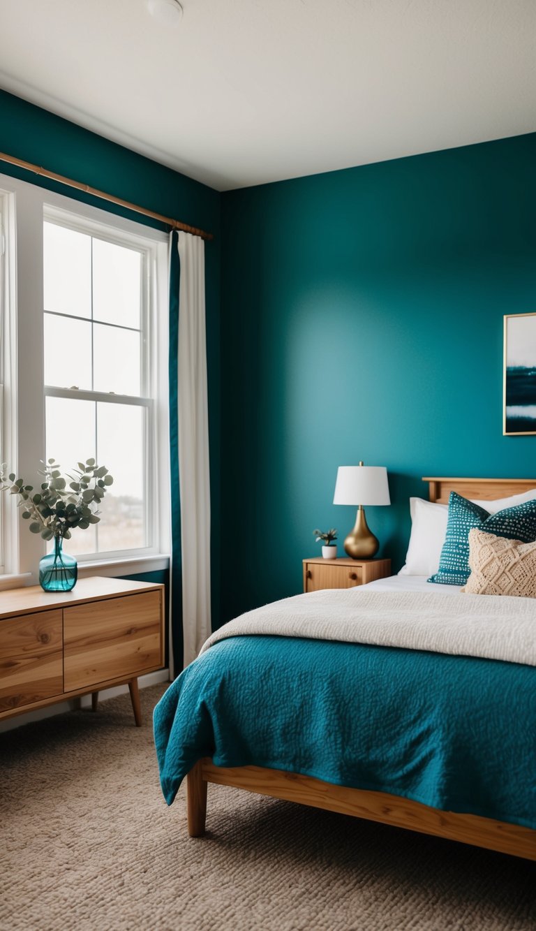 Royal blue and teal walls contrast with natural wood furniture in a cozy bedroom