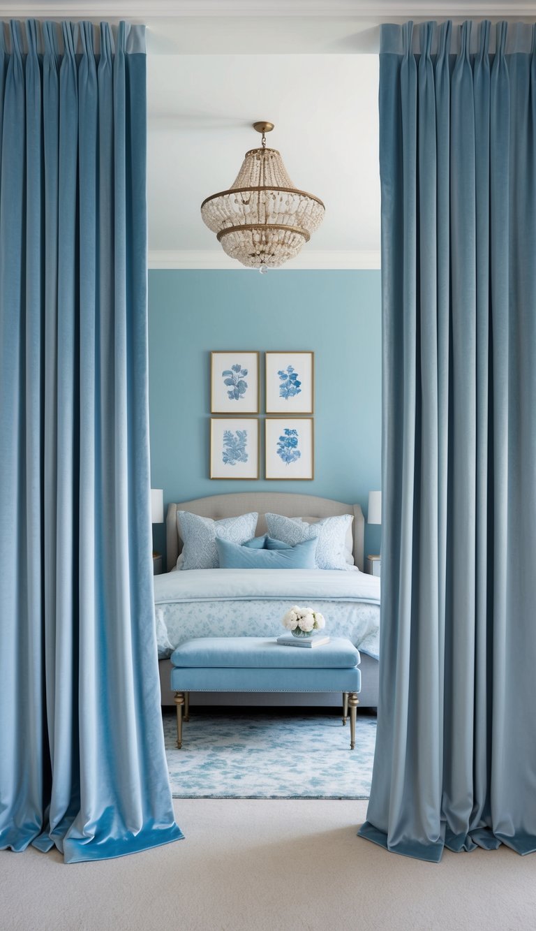 Light blue velvet curtains frame a serene bedroom with 23 light blue decor ideas