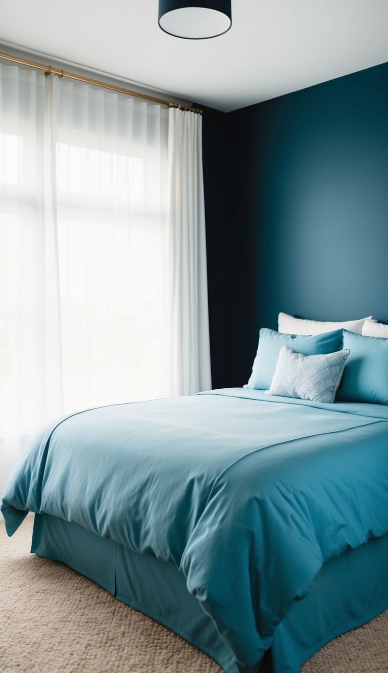 A navy blue accent wall contrasts with light blue bedding in a serene bedroom setting