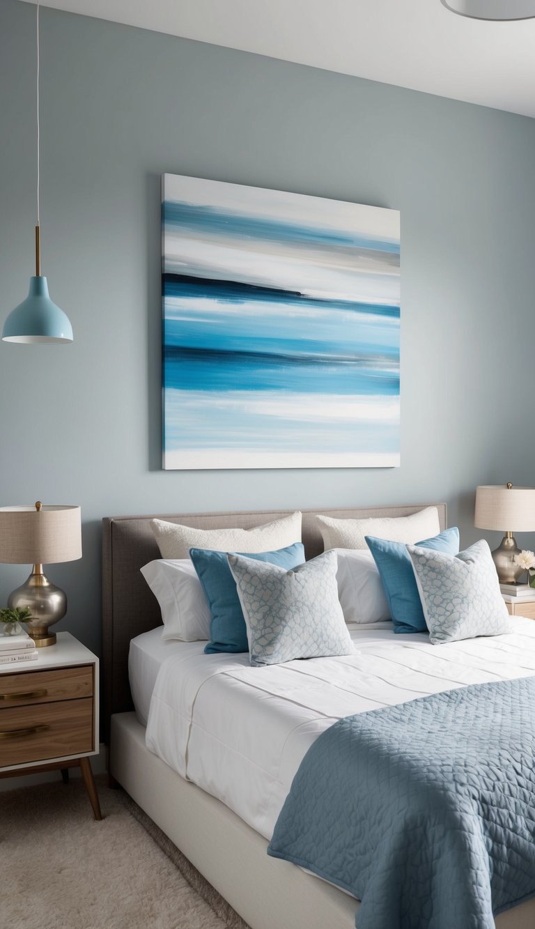 A light blue and gray abstract art piece hangs above a cozy bedroom with 23 light blue decor ideas
