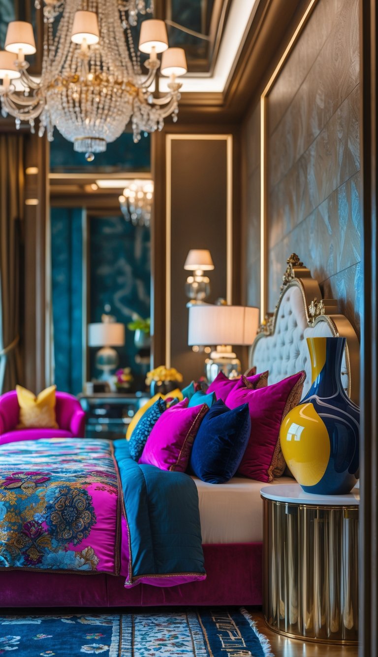 A bedroom filled with bold, sculptural vases of various shapes and sizes, creating a maximalist aesthetic