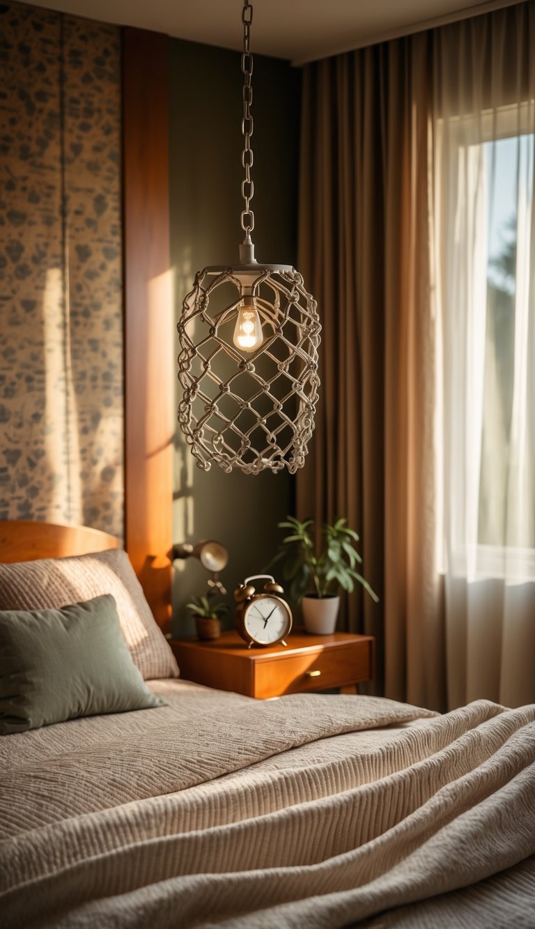 A chain link pendant lamp hangs above a retro bedroom with vibrant colors and vintage furniture