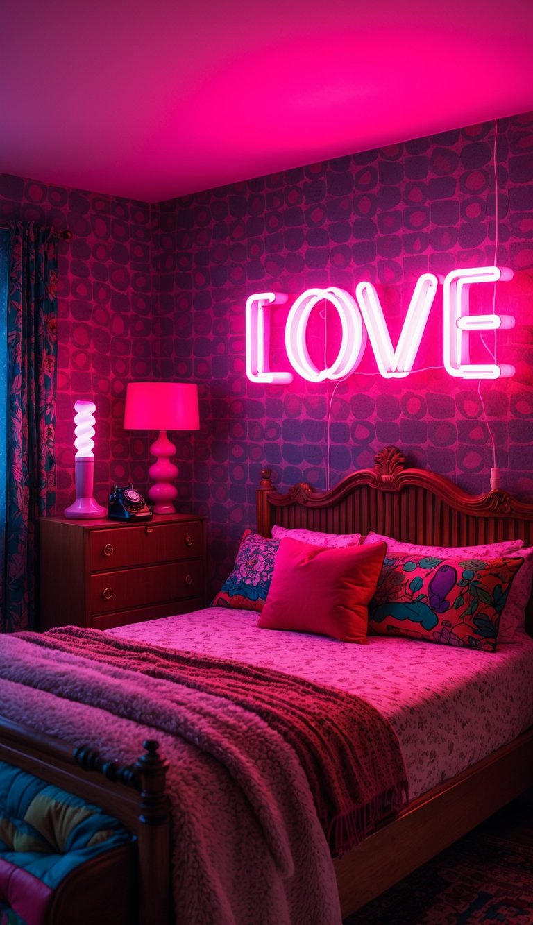 A neon 'LOVE' sign illuminates a retro bedroom with vibrant colors and funky decor