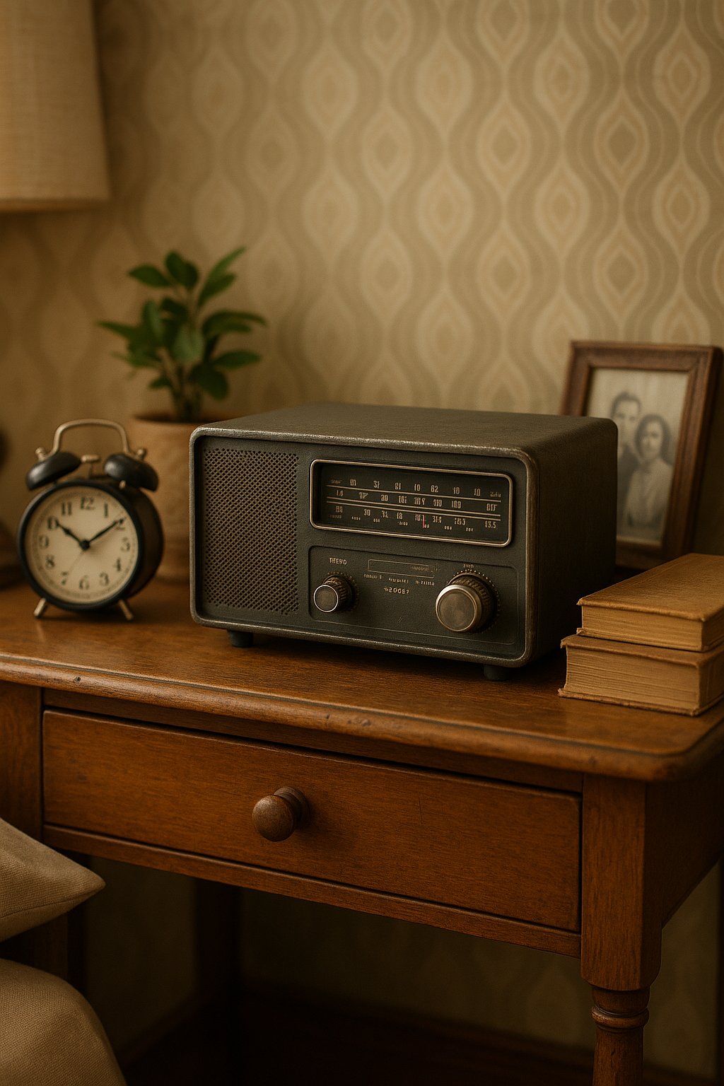 An old-school metal bedside radio sits on a vintage nightstand in a retro bedroom, surrounded by other nostalgic decor items