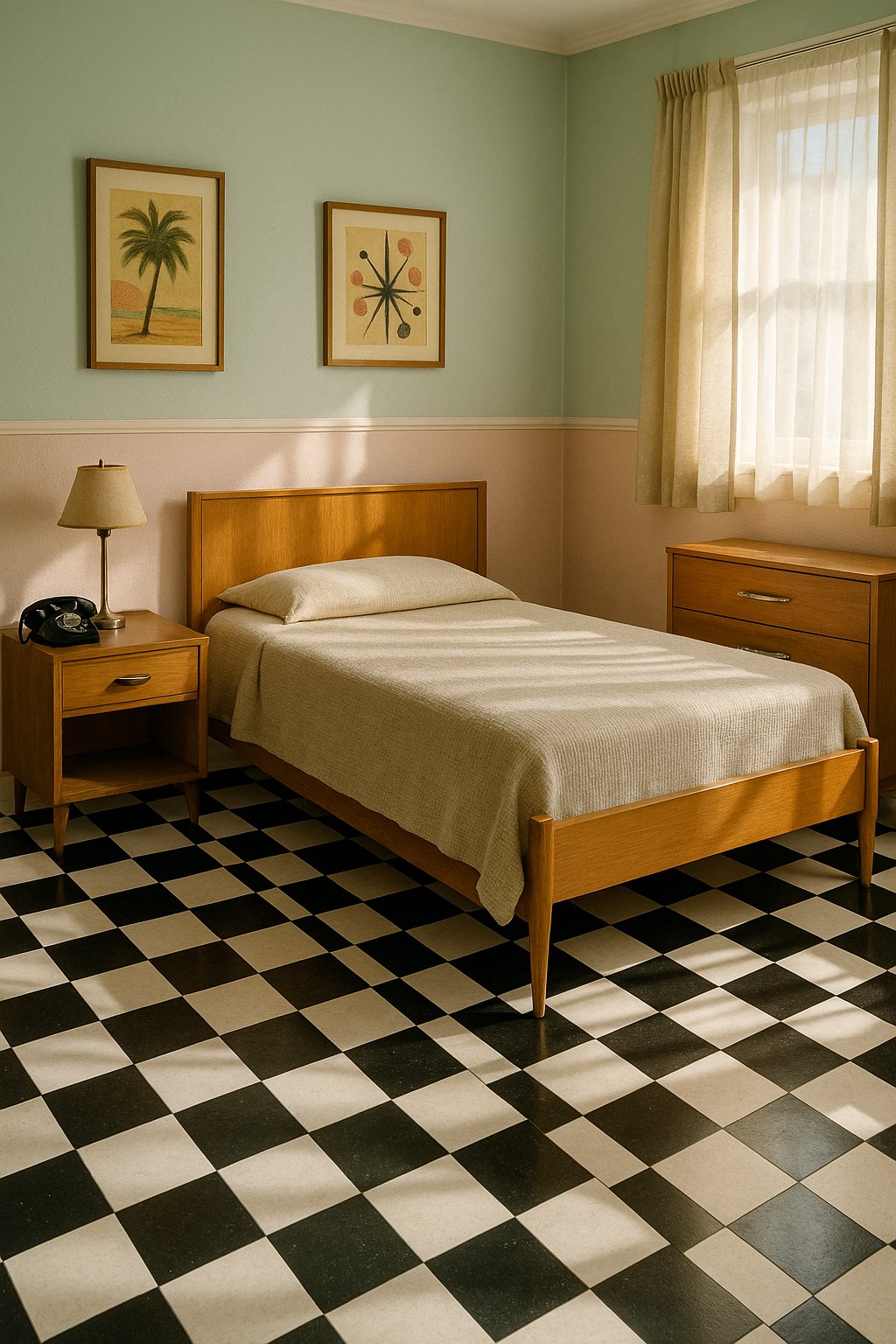 A retro diner-style checkerboard floor with red and white tiles