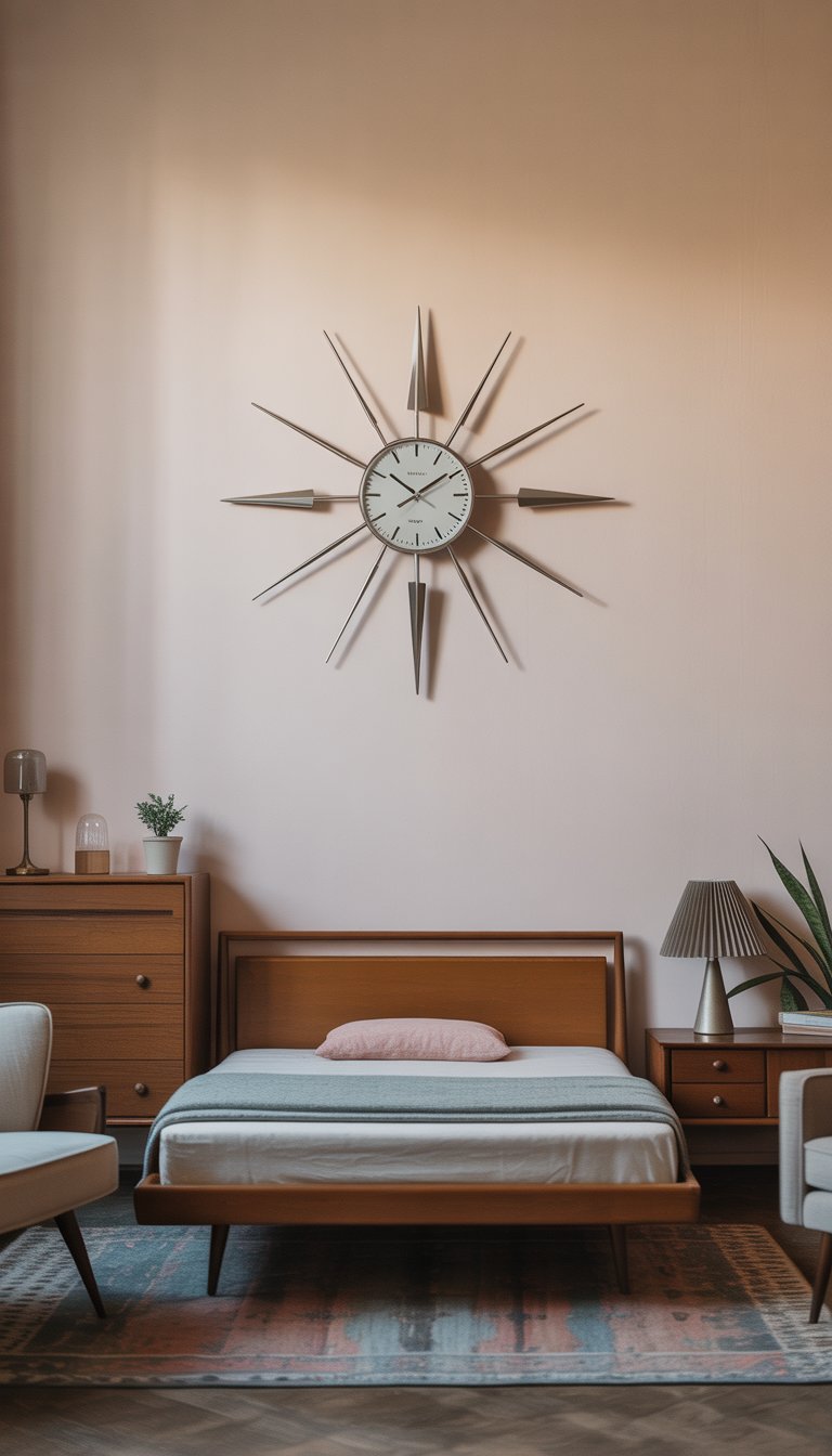 A retro bedroom with an atomic starburst wall clock as the focal point, surrounded by mid-century furniture and vintage decor