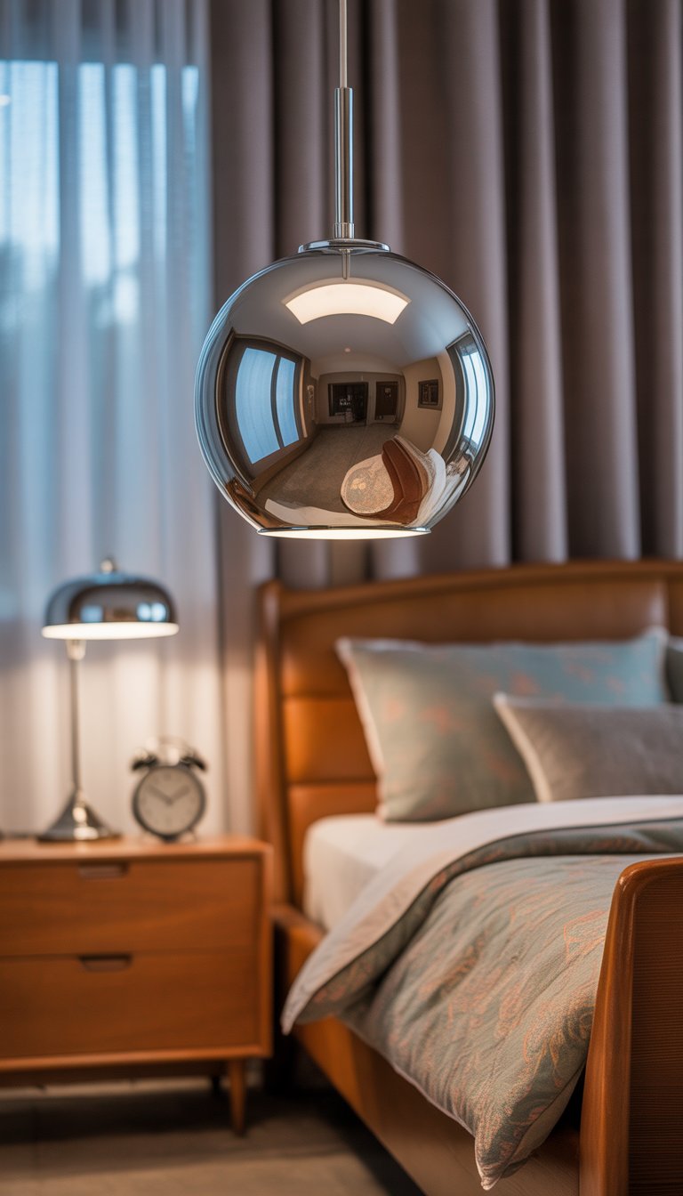 A retro bedroom with a chrome globe pendant ceiling light as the focal point