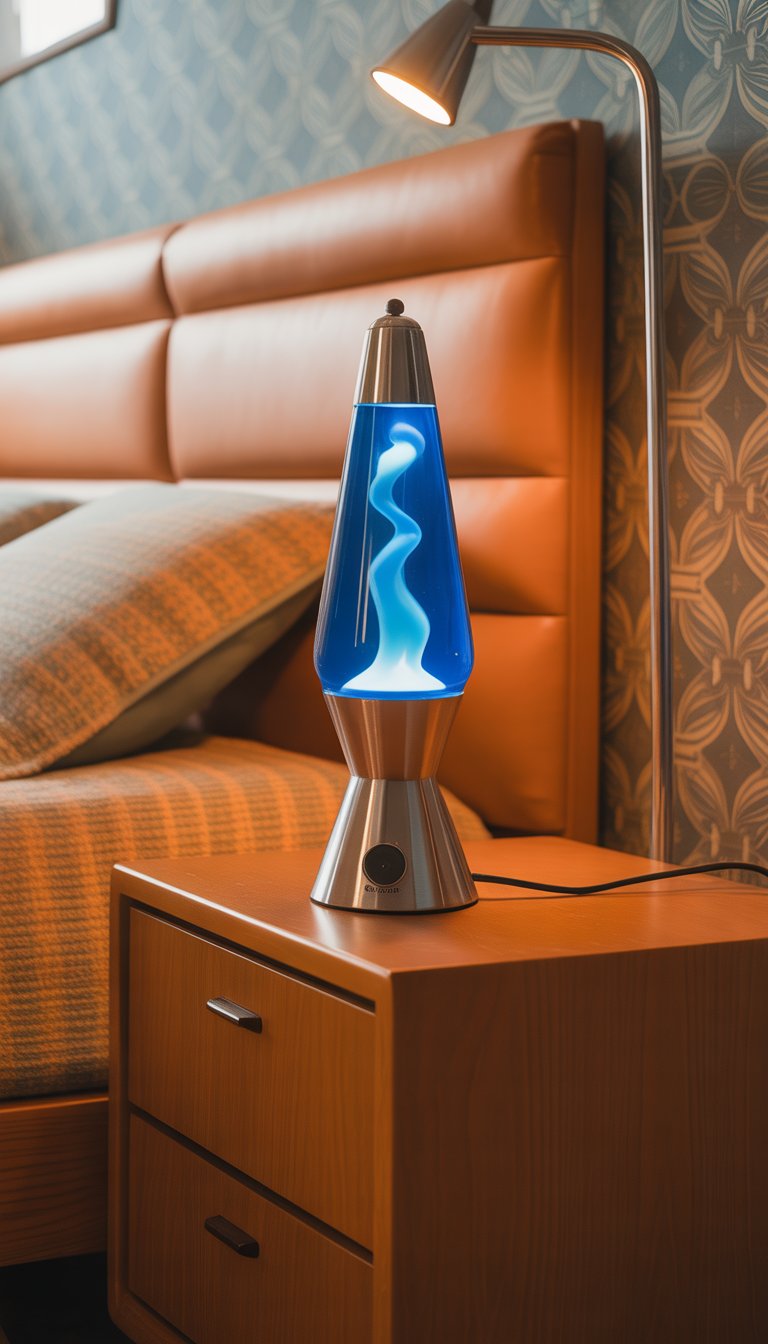 A classic lava lamp with blue wax sits on a retro bedside table in a 1970s-inspired bedroom