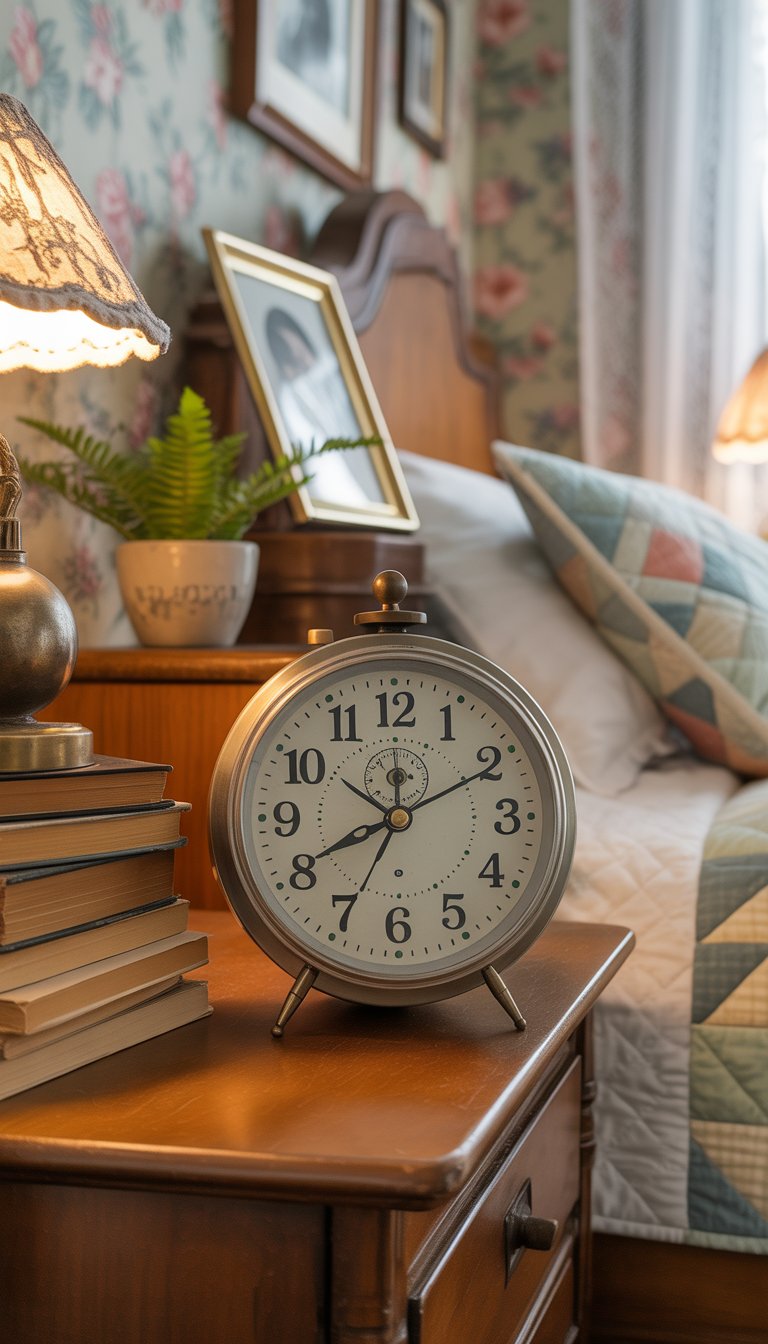 A vintage rotary dial alarm clock sits on a bedside table in a retro bedroom, surrounded by nostalgic decor