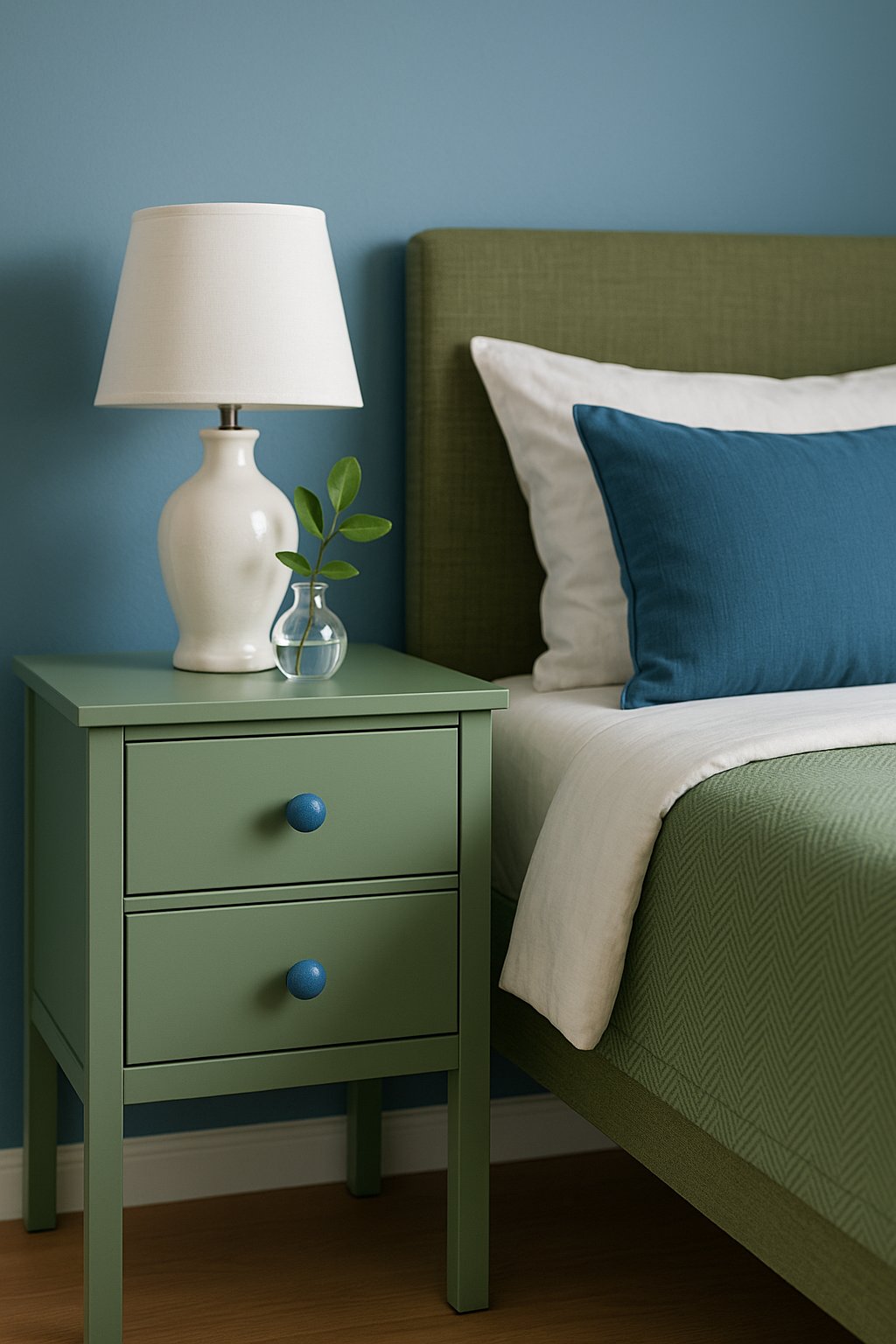 A green bedside table with blue drawer knobs sits in a blue and green bedroom