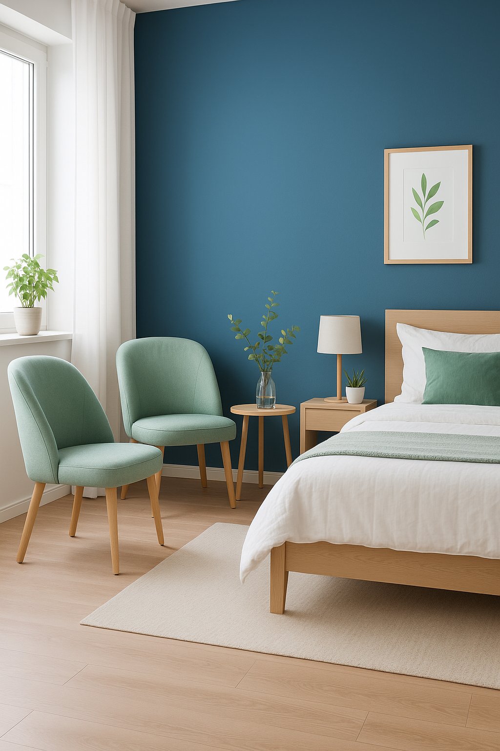 Seafoam green chairs arranged in a cozy blue accent corner of a bedroom
