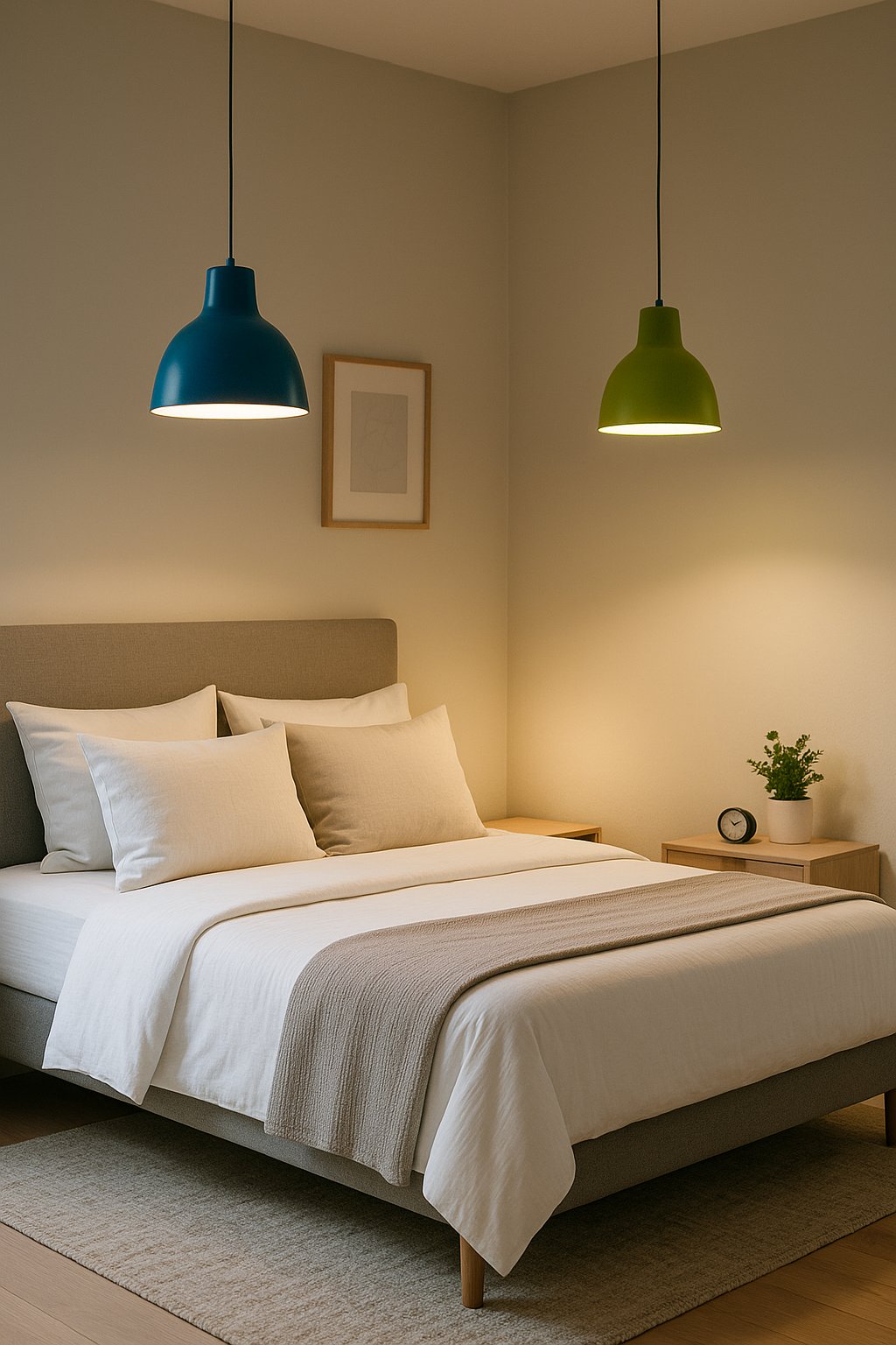 Two pendant lights in blue and lime green illuminate a stylish bedroom