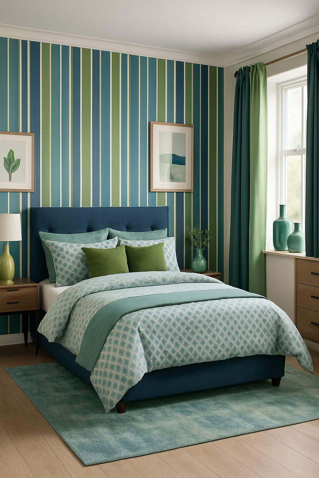 A bedroom with blue and green striped wallpaper, featuring different blue and green decor ideas