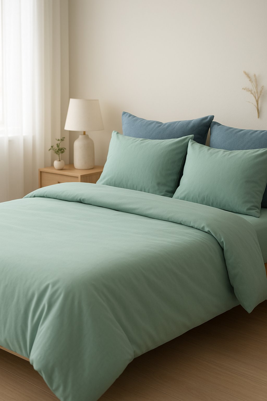 Soft sea green bedding with blue pillows in a serene bedroom setting