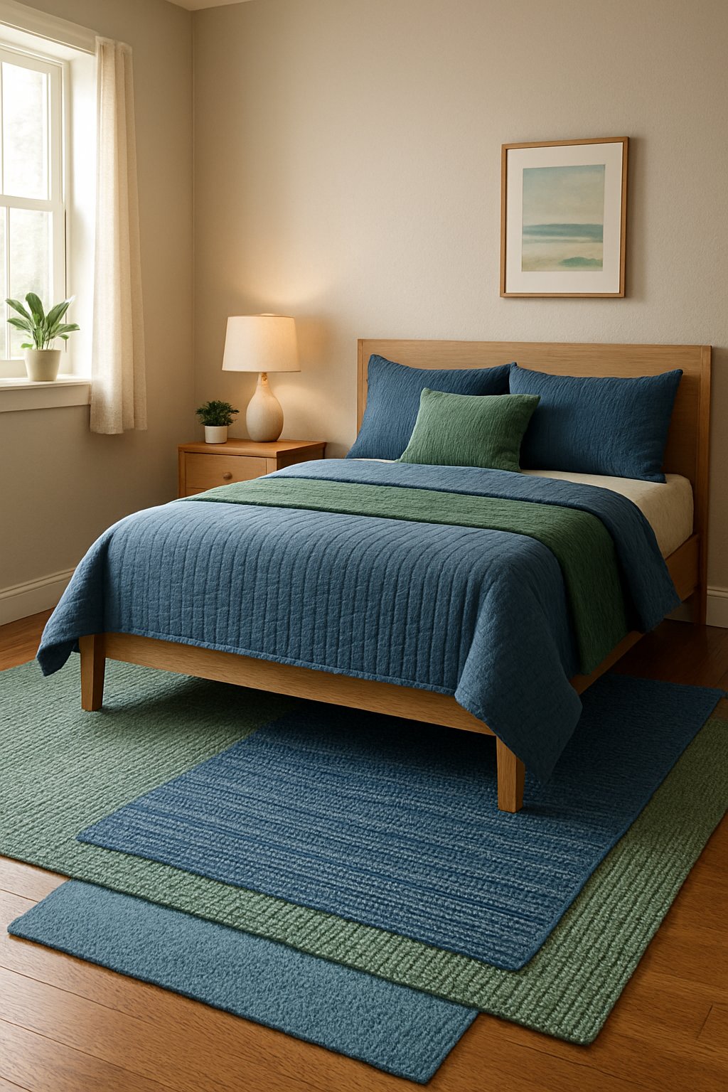 A cozy bedroom with blue and green layered rugs, complementing the color scheme of the room