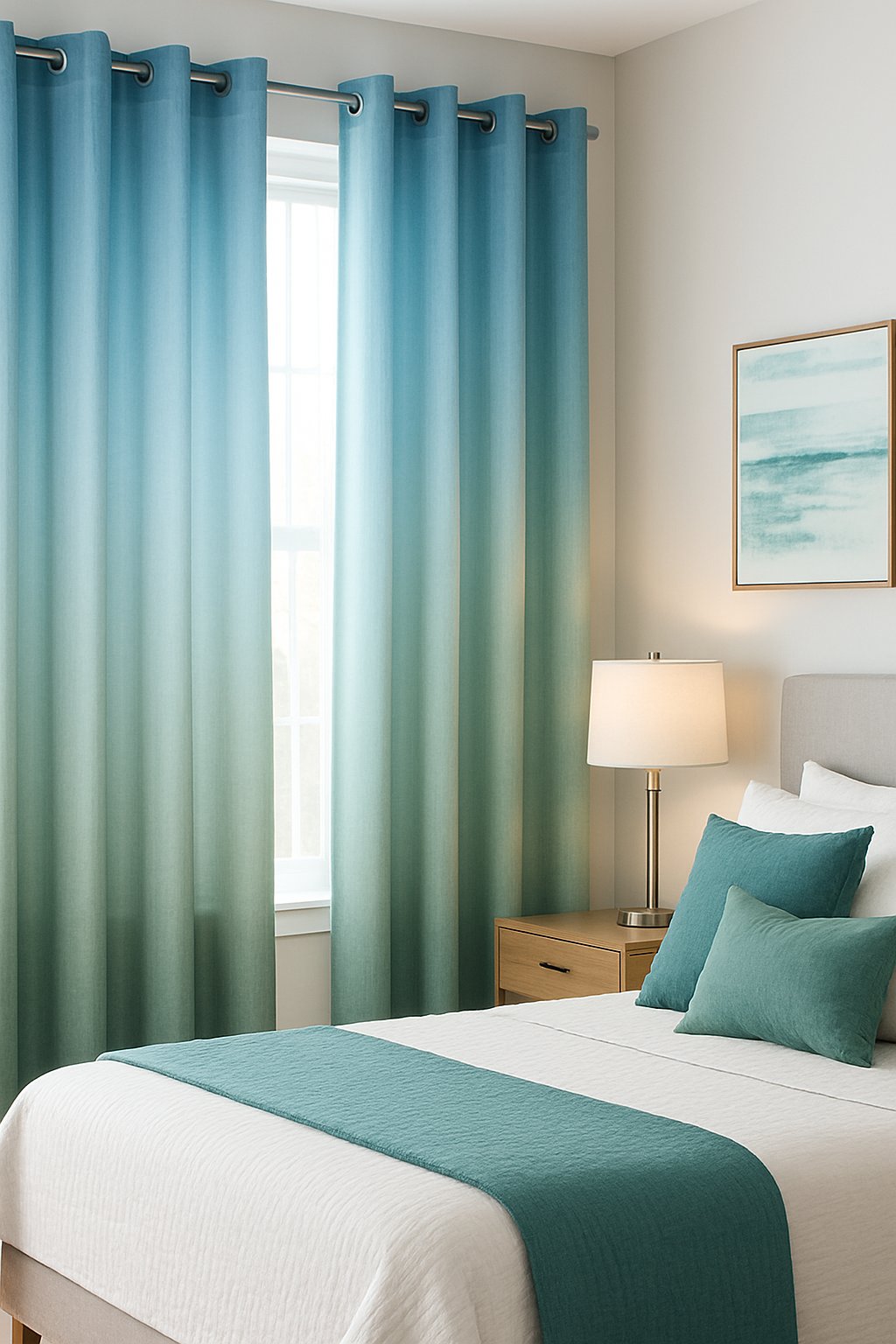 Ombre curtains in shades of blue and green hang in a bedroom with coordinating decor