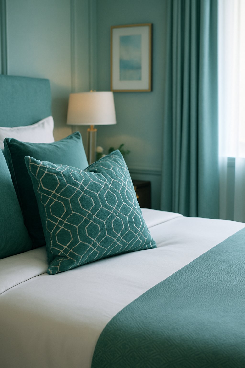 Teal geometric patterns on green cushions in a serene blue and green themed luxury bedroom