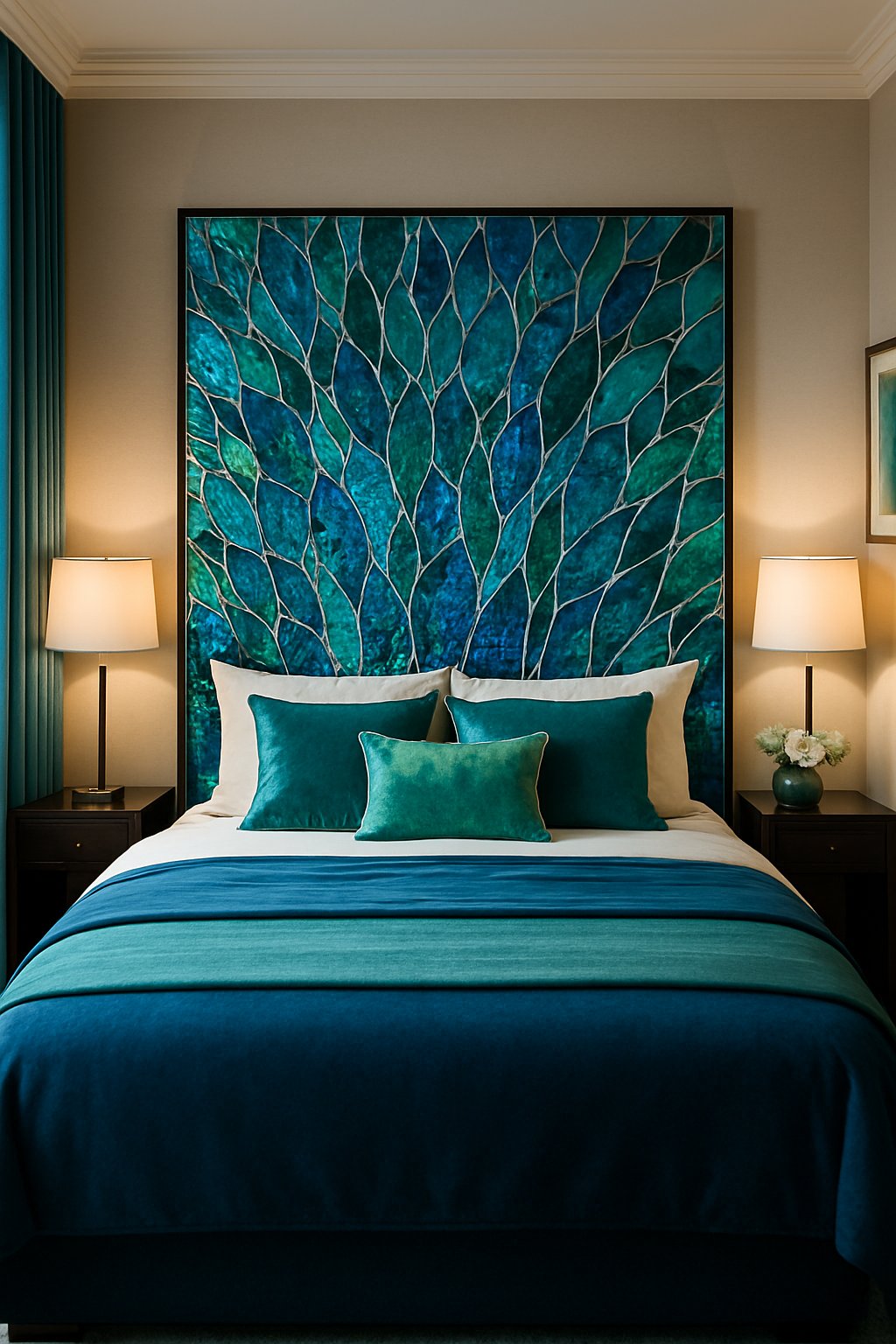 A headboard made of blue and green mosaic tiles in a bedroom with matching decor and blue and green bedroom ideas