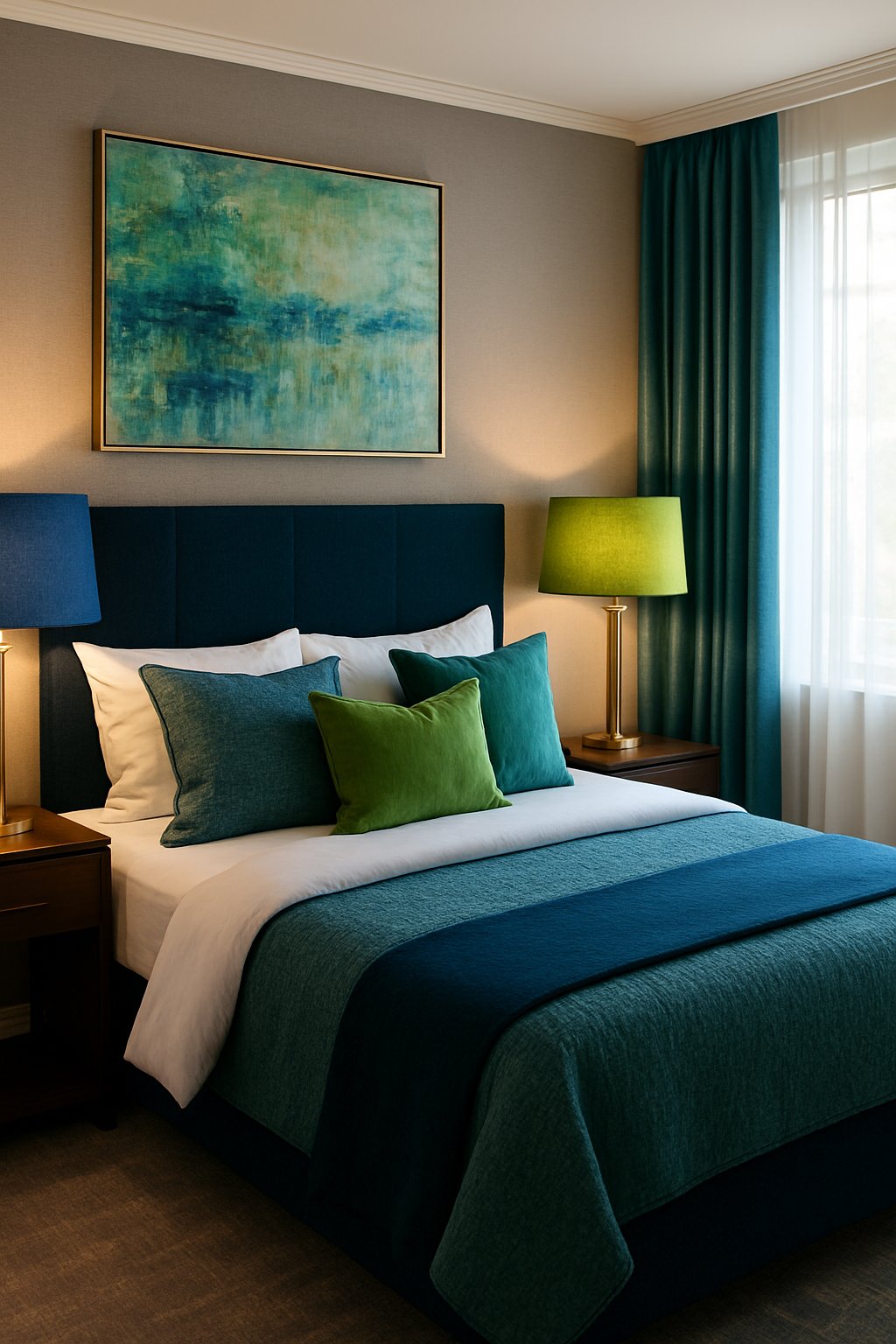 Two lampshades in blue and apple green colors illuminate a blue and green themed luxurious bedroom