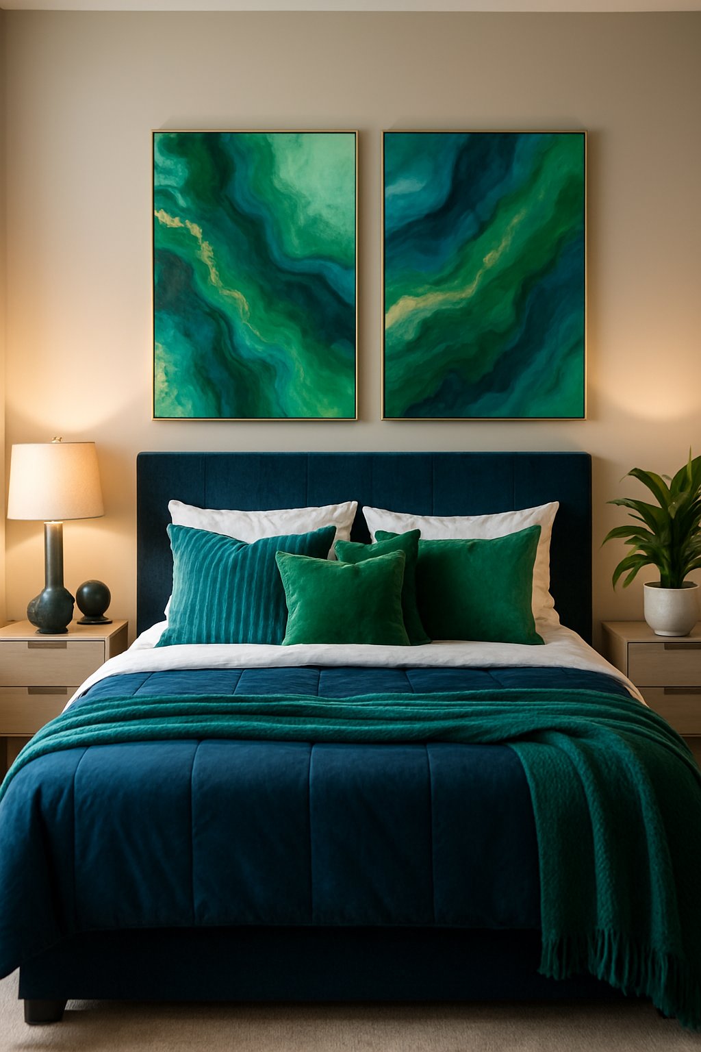 A bedroom with green and blue abstract canvas prints on the walls, with ideas for decorating in blue and green themed bedroom