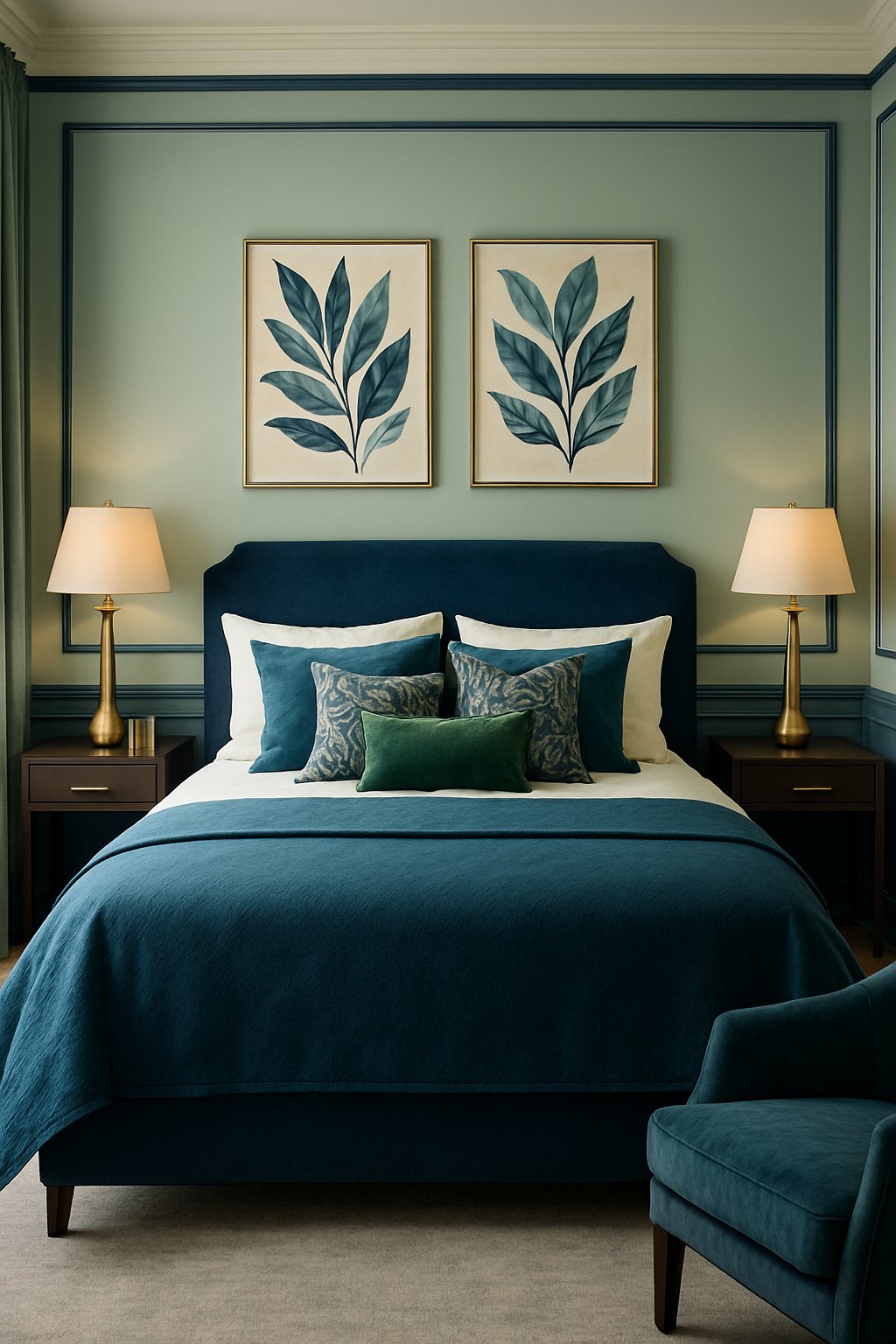 Mint green walls with navy blue trim, accented with blue and green decor