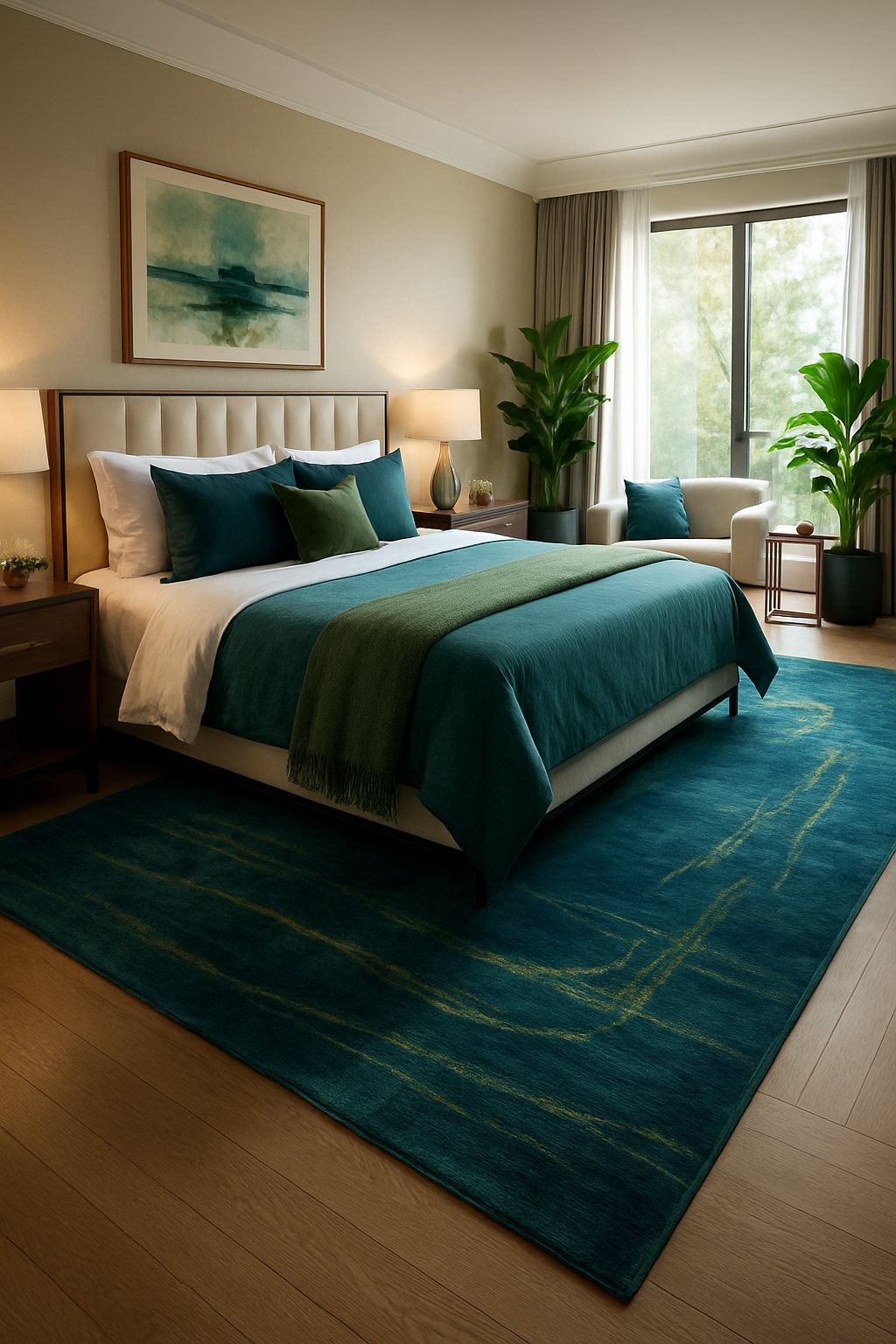 A well lit modern and cozy bedroom with a blue area rug featuring green accents in blue and green themed bedroom