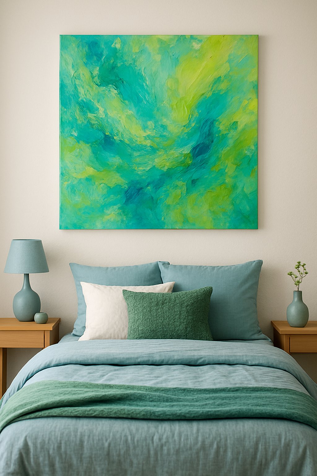 A vibrant abstract painting, blending turquoise and lime green, hangs on the wall of a cozy bedroom adorned with blue and green decor ideas