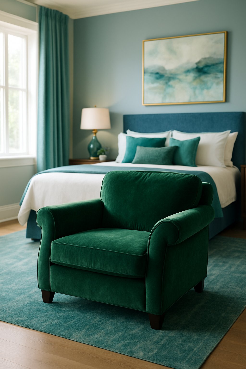 A green velvet armchair sits in a blue and green luxurious bedroom, surrounded by various shades of blue and green decor